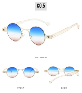 Detailed views of silver oval sunglasses with blue-pink gradient lenses from multiple angles