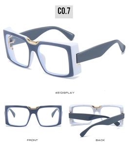 Three-angle view of square blue-grey and white frames with golden metal nose bridge and hinge