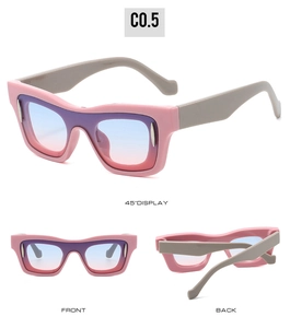 Three-angle view of square retro sunglasses with purple gradient lenses and two-tone frame