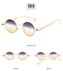 Three-way view showing silver oval frame sunglasses with purple gradient lenses