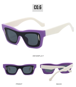 Close-up of square retro sunglasses featuring purple and black spliced frames and white temples