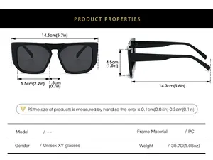Detailed size chart for unisex square frame sunglasses with PC material specifications