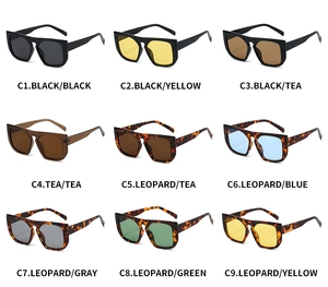 Grid view showcasing nine trendy square frame sunglasses in various colors and textures