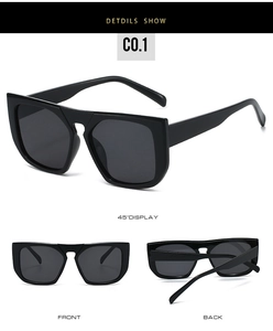 Detailed multi-angle views of black square oversized sunglasses with a minimalist design