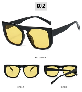 Three views of black square large frame sunglasses with vintage yellow tinted lenses