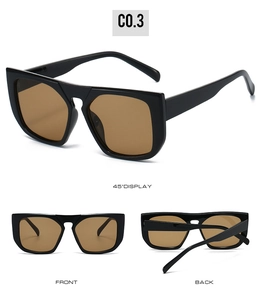 Detailed view of square chunky sunglasses with black frames and brown lenses from three angles