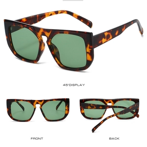 Three views of square tortoise shell sunglasses with dark green lenses and retro design