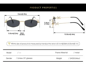 Detailed size chart for polygon metal sunglasses showing frame width and lens height