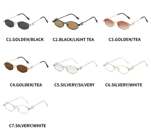 Detailed grid of hexagonal metal frame sunglasses in various colors and tinted lenses