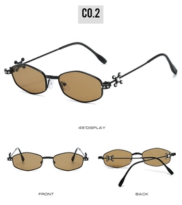 Three views of polygon metal sunglasses with crystal cross detail and brown lenses