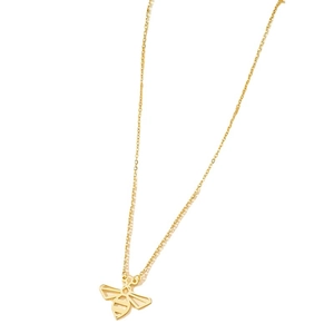 Minimalist golden bee pendant necklace with a geometric cutout design on a white background