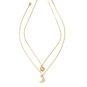 Golden double layer necklace featuring sun and crescent moon pendants on white background