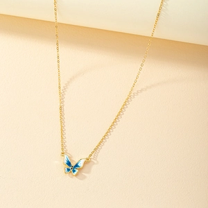 Enamel Butterfly Pendant Necklace Alloy Gold Plated Blue White Gradient Elegant Jewelry Women Fashion