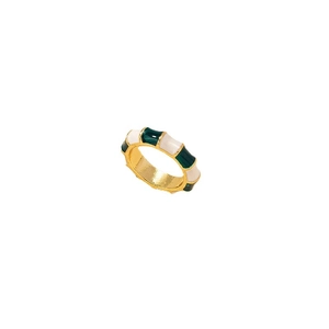 Bamboo style enamel ring with dark green and cream segments on a gold plated band
