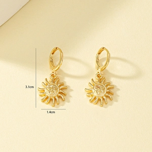 Retro bohemian gold sun face pendant hoop earrings with 3.1cm height measurements