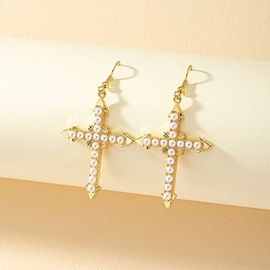 Gold Tone Alloy Cross Dangle Hook Earrings With White Imitation Artificial Pearls Elegant Retro Jewelry For Women