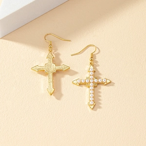 Elegant gold-tone cross earrings with pearl accents shown from front and back views