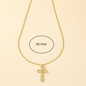 Vintage gold cross pendant necklace with baroque pattern and 45+7cm adjustable chain