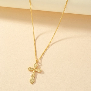 Retro gold cross pendant necklace with vintage embossed floral patterns and O-chain