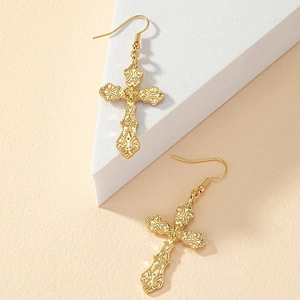 Bohemian gold cross drop earrings with vintage embossed texture on minimalist hooks