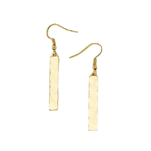 Minimalist gold bar drop earrings with hammered texture finish and ear hooks