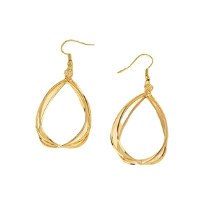 Minimalist gold teardrop earrings with multi-layered twisted metal loops on white background