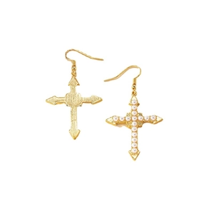 Elegant gold cross earrings with white pearl accents and classic hook fastening