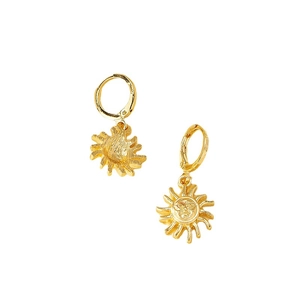 Minimalist gold sun face huggie hoop earrings with radiant sunburst pendant design