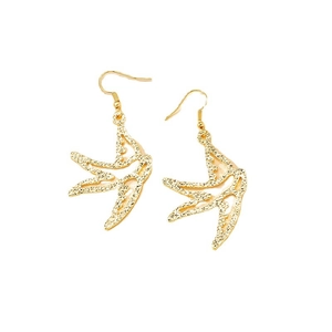 Elegant gold swallow drop earrings with textured hammered finish on a white background