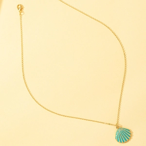Golden shell pendant necklace with blue enamel finish for a summer beach look