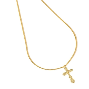 Vintage gold necklace featuring an intricate baroque relief cross pendant on a thin chain