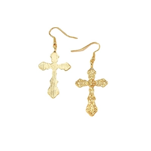 Gold vintage cross dangle earrings with baroque embossed texture on white background