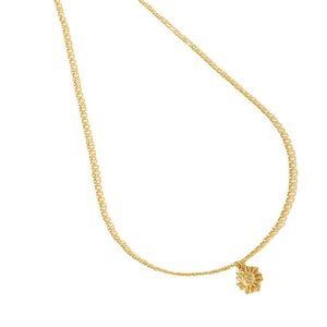 Elegant gold sun face pendant necklace with fine curb chain for women, white background