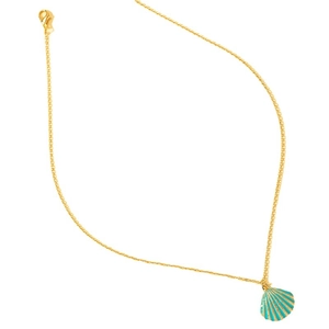 Elegant gold chain necklace with turquoise enamel seashell pendant on white background