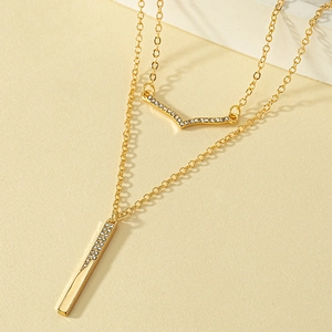 Double Layer Necklace Alloy Gold Plated Rhinestone V Shaped Vertical Bar Pendant Fashion Jewelry For Women Elegant