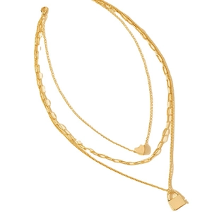 Dreilagige goldene Halskette mit Herzanhänger und quadratischem Vorhängeschloss-Detail