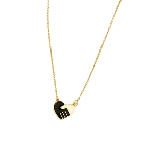 Golden cross chain necklace featuring a black enamel hand holding a heart pendant