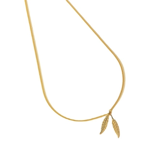 Minimalist Y-shaped golden necklace featuring detailed double leaf feather pendants