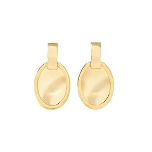Minimalist gold-tone oval hoop earrings with brushed metallic finish on white background
