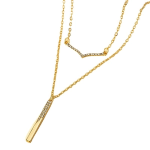 Double-layered gold-tone necklace with rhinestone V-shaped and vertical bar pendants