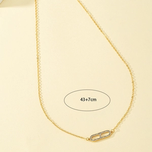 Gold geometric rectangle pendant necklace with crystal pavé and 43+7cm chain