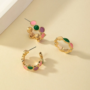 Fashion Jewelry Earrings And Ring Colorful Enamel C-Shaped Hoop Wavy Edge Alloy Jewelry For Women Modern Retro Style