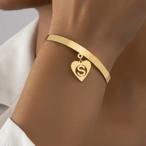 Minimalist Gold Plated Alloy Open Bangle Bracelet With Hollow Heart Initial Letter S Charm Fashion Jewelry For Women