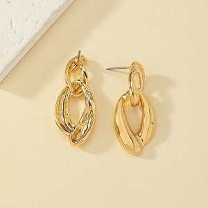 Minimalist gold alloy interlocking chain drop earrings featuring textured geometric oval rings