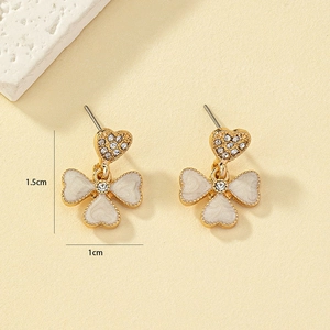 Golden heart clover earrings with white enamel and sparkling rhinestones 1.5cm length