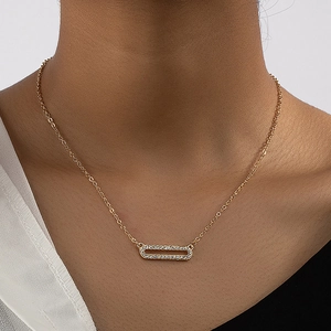 Elegant Gold Plated Alloy Necklace For Women Geometric Rectangle Hollow Pendant Micro Rhinestone Set Sparkly Fashion