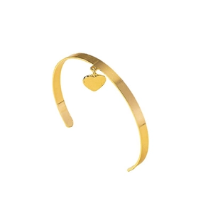 Minimalist gold heart charm cuff bangle featuring a polished finish and adjustable open design