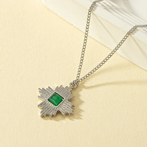 Vintage silver sunburst necklace with square green malachite stone pendant for women