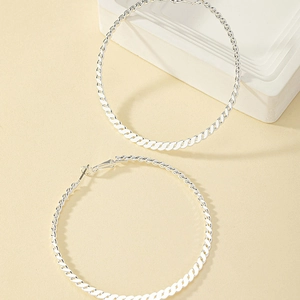 Detail of silver twisted rope hoop earrings showcasing metallic texture and classic design