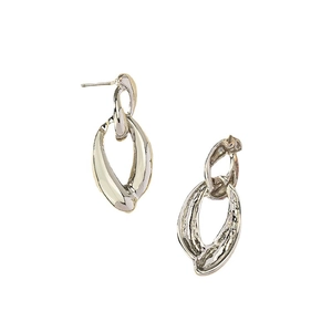 Minimalist intertwined double hoop drop earrings in silver and champagne gold finish
